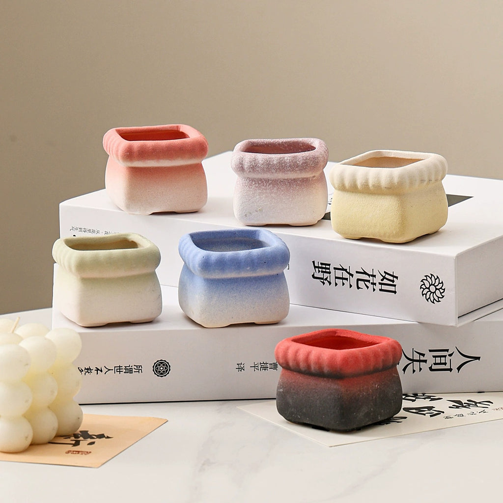Square Cartoon Mini Ceramic Succulent Planter, Gradient Color