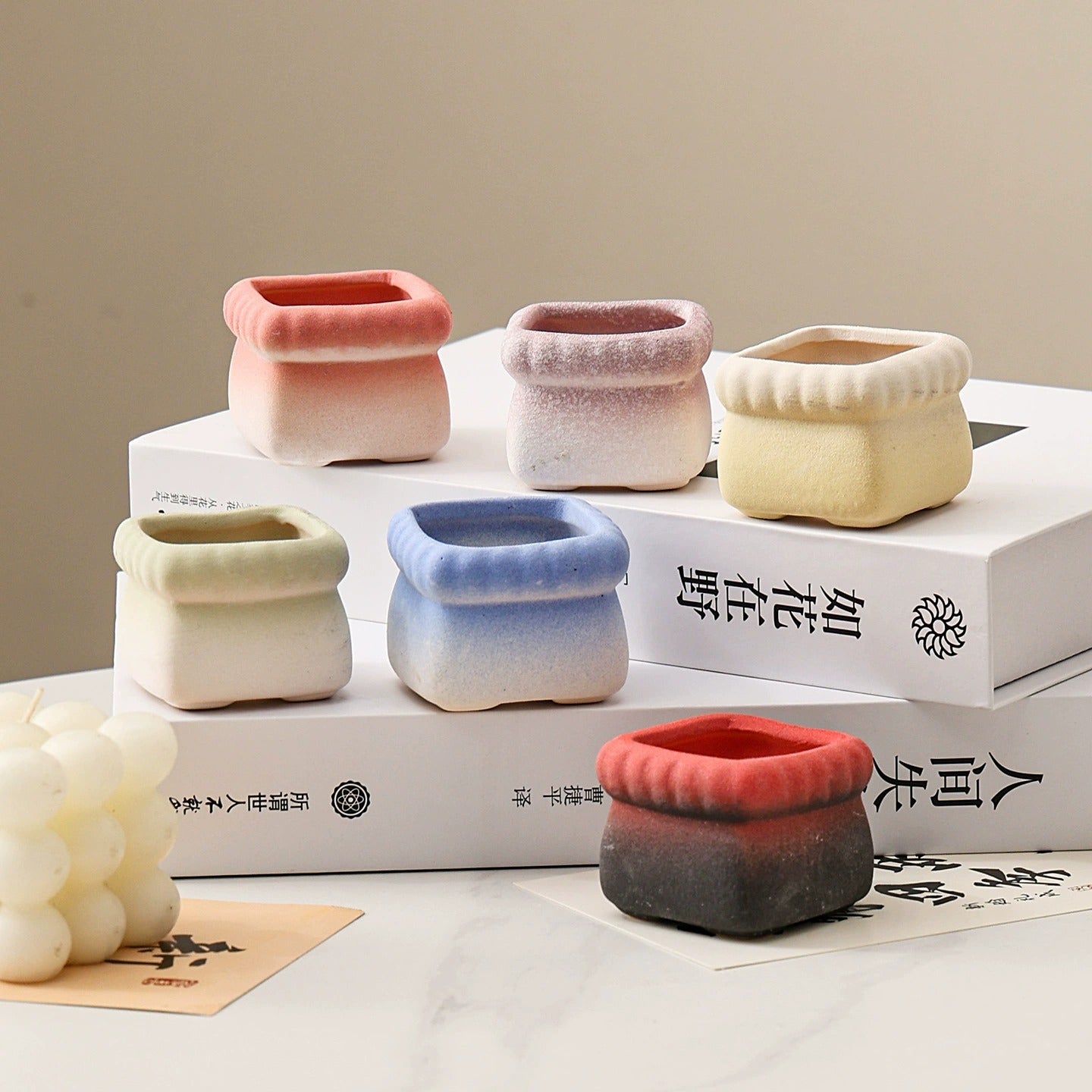 Square Cartoon Mini Ceramic Succulent Planter, Gradient Color