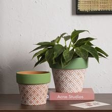 Minimalist Ceramic Floor Planter with Green Edge, Coin Pattern